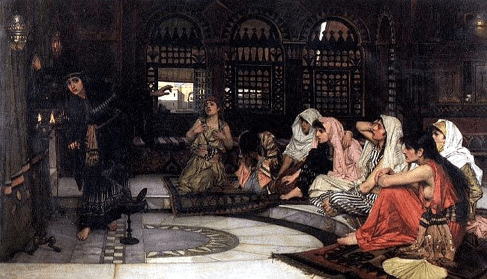 Consulting the Oracle by John William Waterhouse, showing eight priestesses in a temple of prophecy