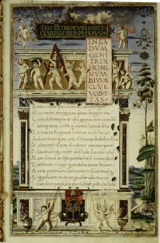 Opening of Pope Sixtus IV's 1483 manuscript of De rerum natura