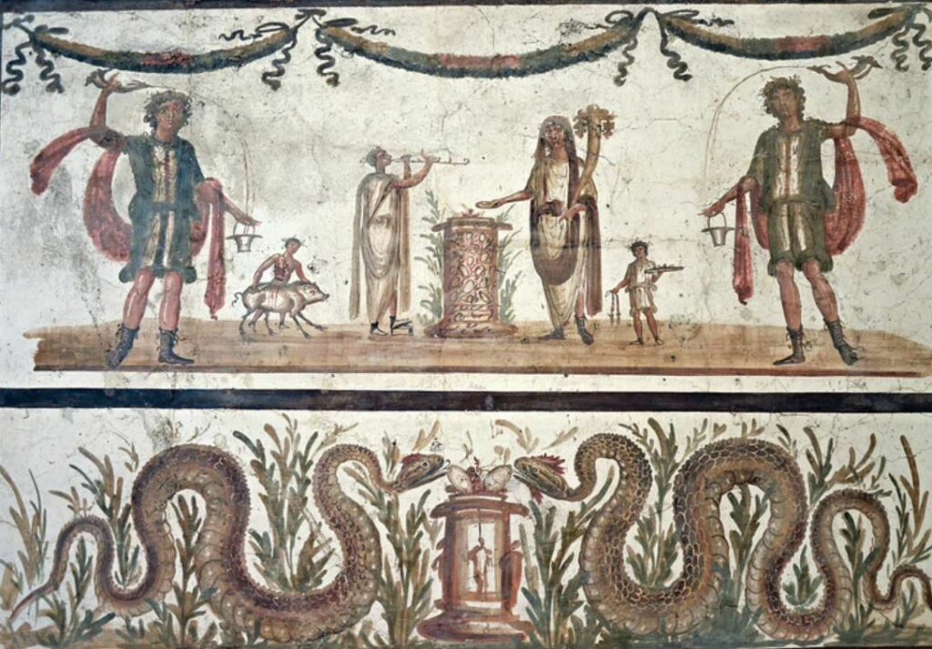 Pompeii fresco depicting a family making religious sacrifices 
